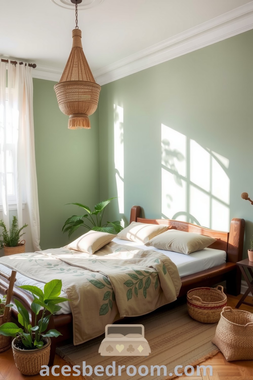 Cozy nature-inspired bedroom with soft sage green walls, a sturdy wooden bed frame, a leaf-patterned quilt, woven baskets, potted plants, and sheer curtains providing natural light, showcased on acesbedroom.com.