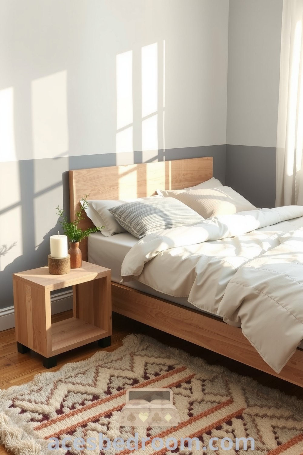 Cozy Scandinavian bedroom featuring soft gray walls, light ash wood furniture, a cream duvet with fluffy pillows, a reclaimed wood nightstand, and a plush woolen rug, creating a serene and inviting atmosphere, showcased on acesbedroom.com.