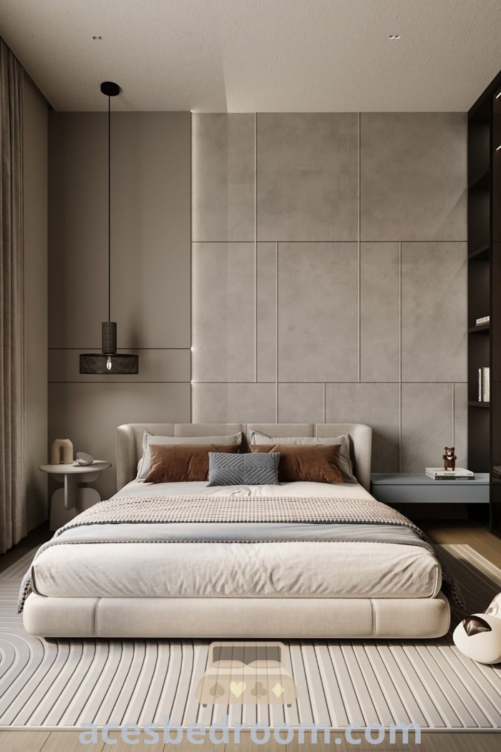 A luxurious modern bedroom featuring contemporary wall panel design and stylish bed back wall. The decor showcases big bedroom design and modern feminine touches, offering cozy ideas and decor inspirations. Transform your space into a warm, sophisticated haven with design tips available at acesbedroom.com.