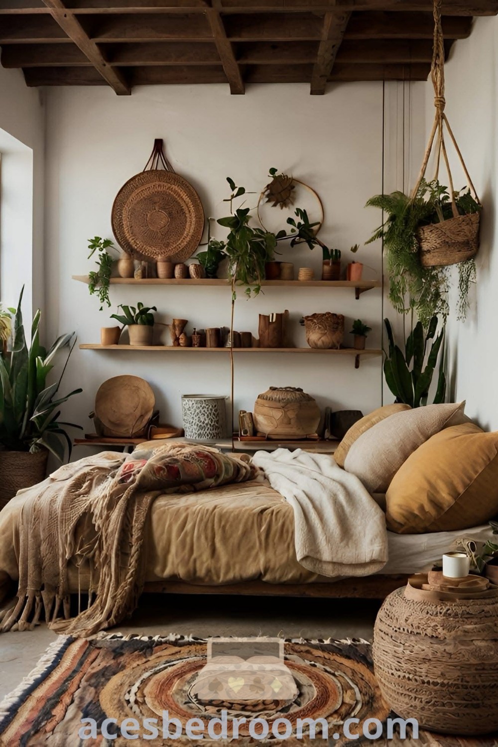 A cozy Wabi Sabi Boho bedroom featuring plants and hanging baskets, designed to create an earthy room vibe that