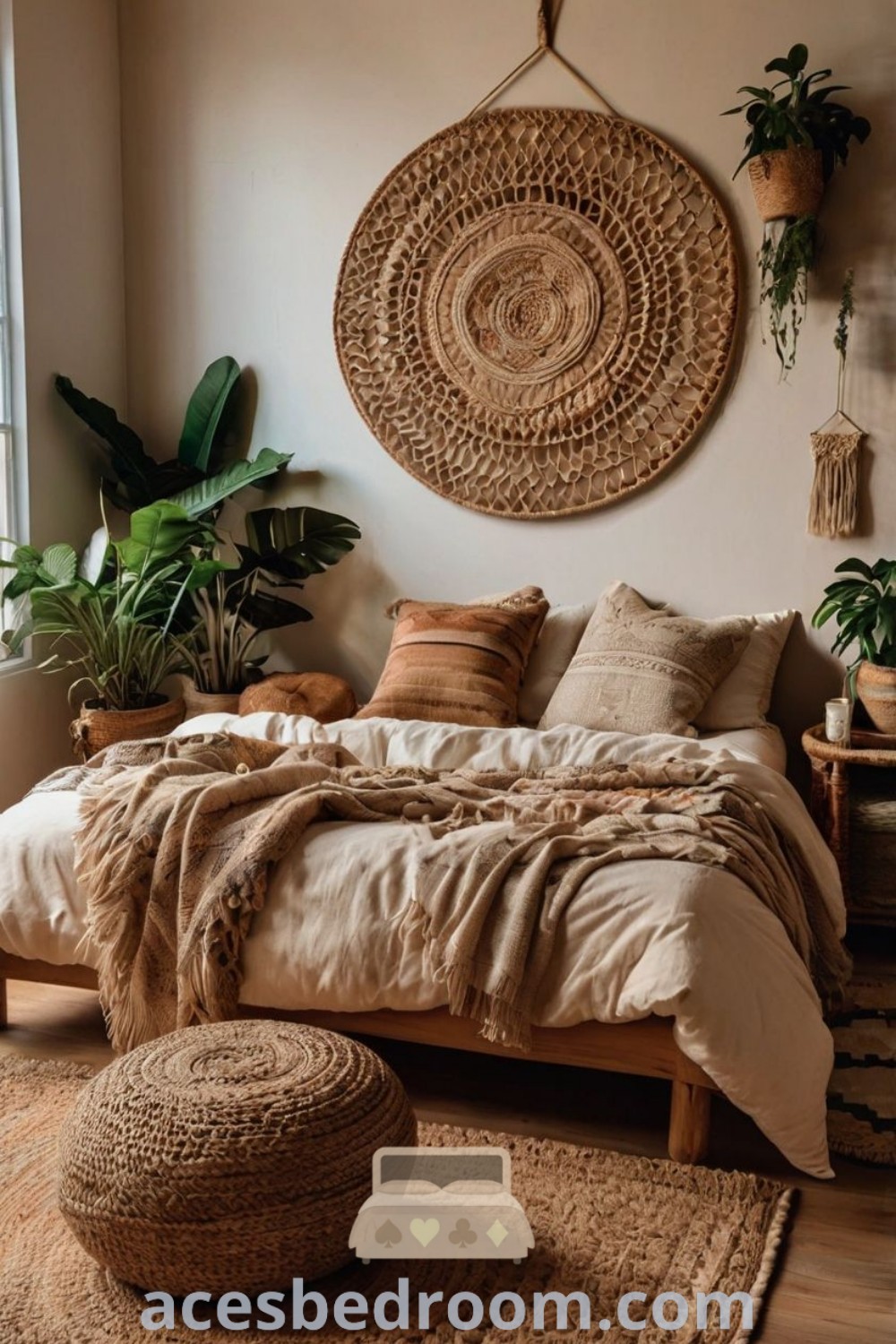 A cozy bedroom featuring a neutral boho bed next to a window adorned with potted plants, reflecting warm boho bedroom aesthetics and modern Scandinavian decor trends. This space offers inspiration for stylish and welcoming interior design ideas for your home, available at acesbedroom.com.