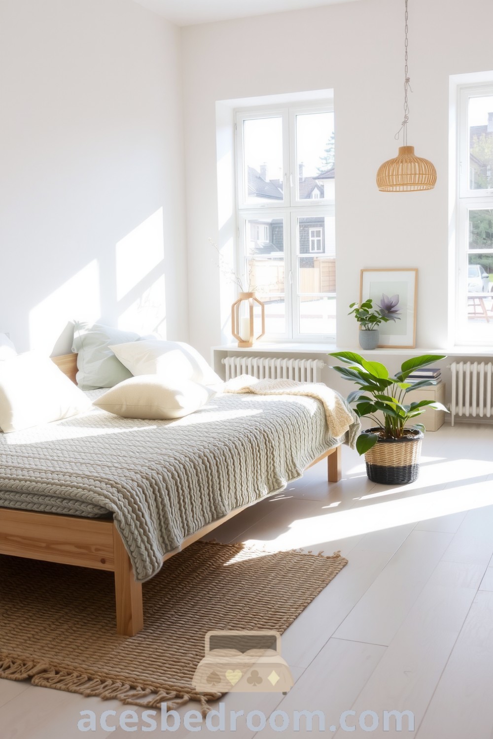 Cozy Scandinavian bedroom featuring a low-profile wooden bed, soft gray and white decor, large unadorned windows, and potted greenery, creating a serene and inviting atmosphere, highlighted with ideas for home decoration available on acesbedroom.com.