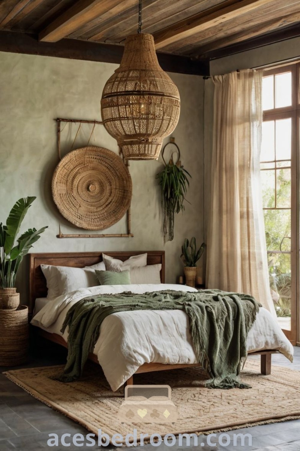 A cozy bedroom showcasing a large bed with brown and green bedding next to a window, complemented by a rug. This elegant boho bedroom design features sage green aesthetics, offering inspirational ideas for a warm and stylish home. Discover more unique decor ideas at acesbedroom.com.