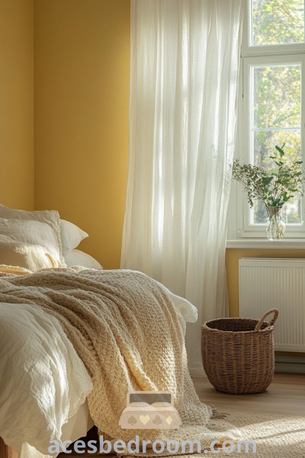 Cozy Scandinavian bedroom featuring soft yellow walls, light-toned wooden furniture, a platform bed with a chunky knit throw, and a woven basket, highlighting cozy design ideas for a warm and sophisticated look, showcased on acesbedroom.com.