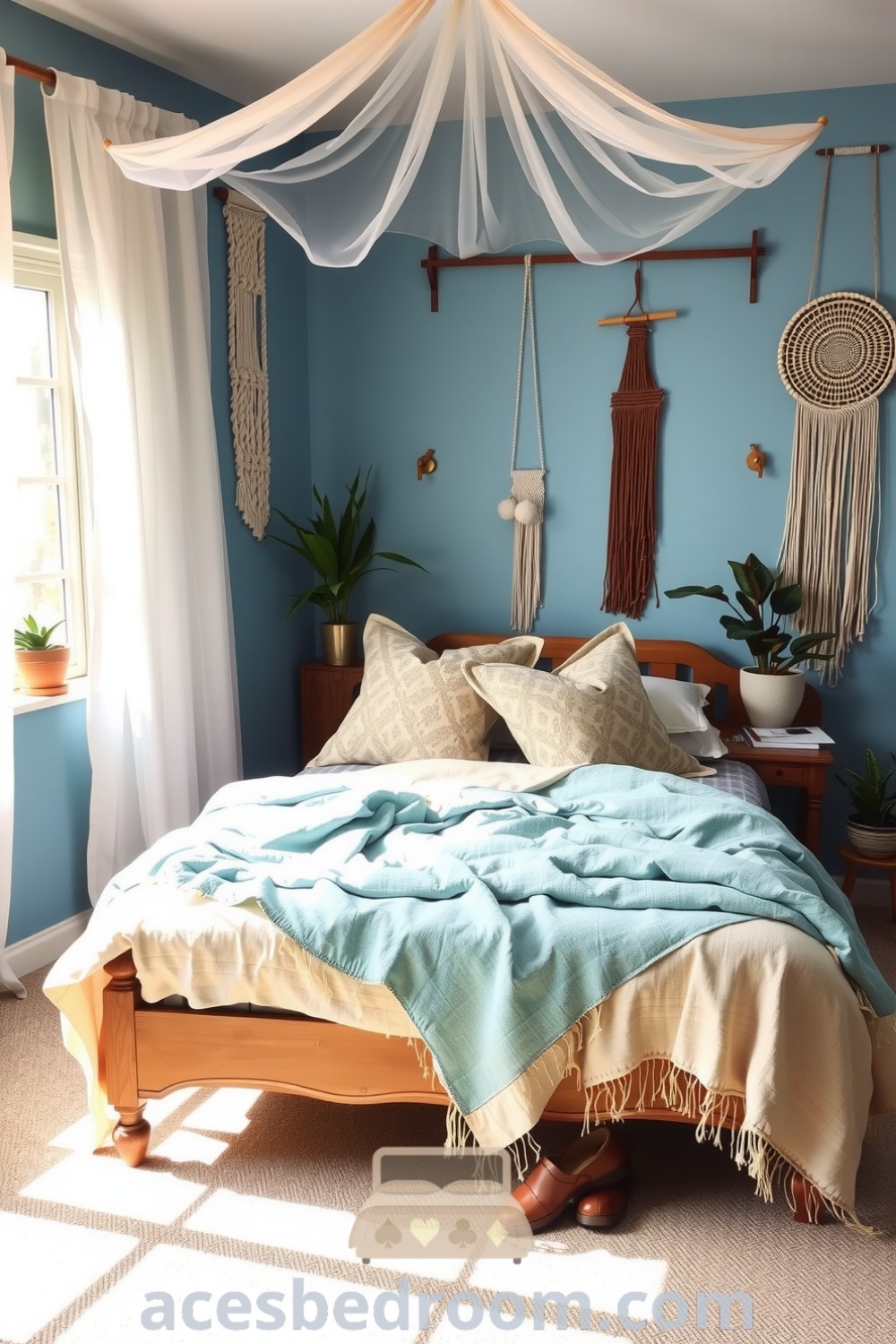 Cozy boho bedroom with soft blue walls, vintage wooden bed frame, woven cotton bedspread, patterned throw pillows, and macramé wall hangings, designed for a serene and inviting atmosphere, featured on acesbedroom.com.