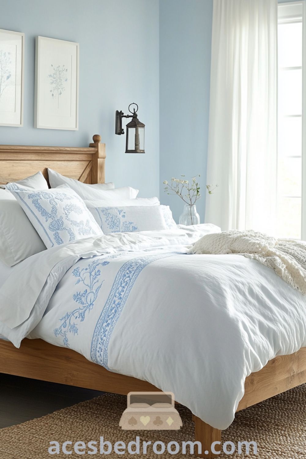 Cozy French country bedroom featuring soft blue walls, weathered oak furniture, a plush white duvet with blue embroidery, vintage lanterns, and a woven jute rug, designed for a warm and sophisticated look on acesbedroom.com.