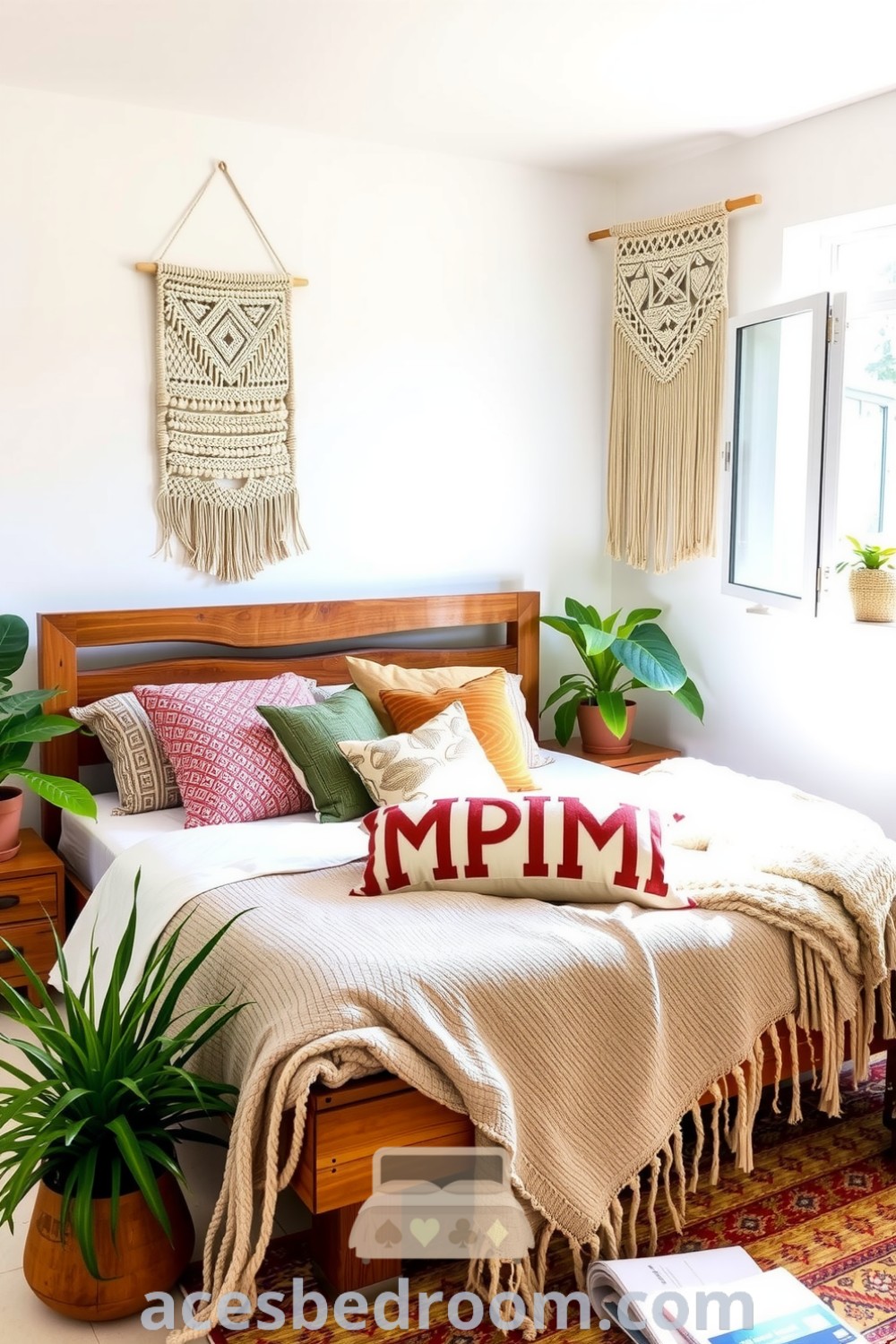 Cozy Boho bedroom featuring soft white walls, a handcrafted wooden bed frame, earthy-toned pillows, vibrant potted plants, and macramé wall hangings, ideal for creating a serene and inviting atmosphere, showcased on acesbedroom.com.
