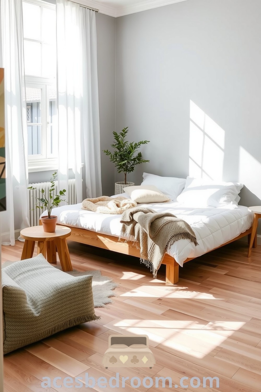 Cozy Scandinavian bedroom featuring light wooden floors, soft gray walls, a minimalist bed with a white duvet, earthy throws, potted greenery, and natural light, offering design inspirations for a warm and sophisticated look, showcased on acesbedroom.com.