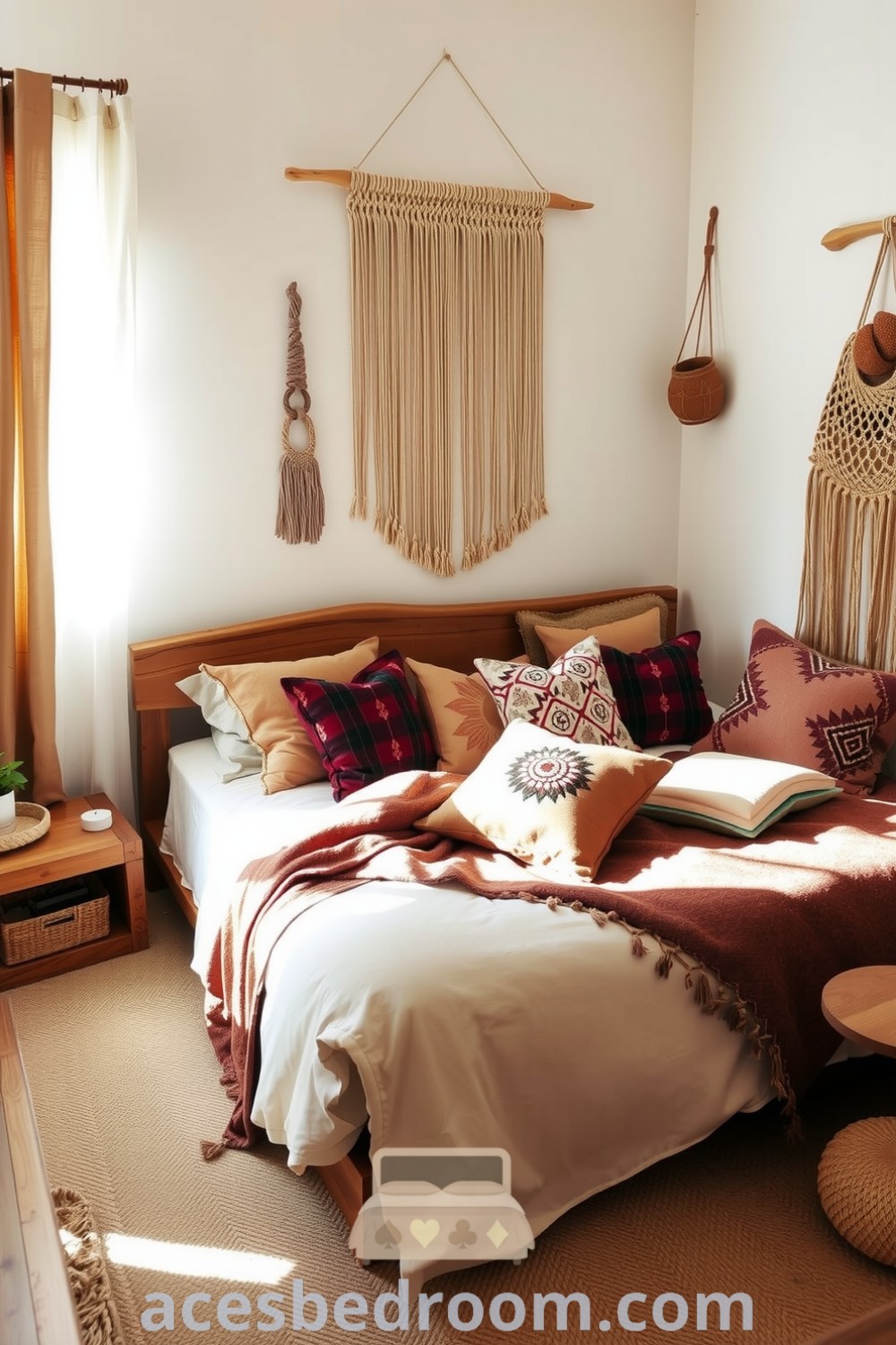 Cozy boho bedroom featuring a raw-edged wooden bed frame, layered with earthy pillows, woven macramé hangings on soft walls, and a jute rug, creating a warm and inviting atmosphere, perfect for your home, showcased on acesbedroom.com.