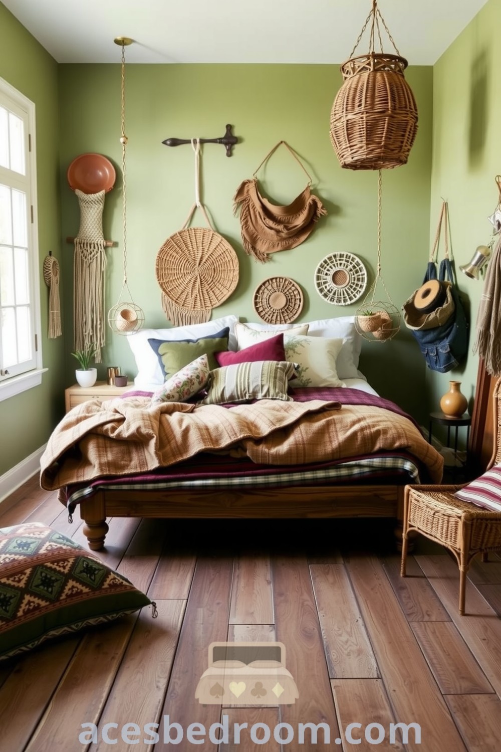Cozy boho bedroom with soft green walls, a low wooden bed frame layered with textured blankets and patterned pillows, woven baskets and macramé decor, illuminated by natural light and rustic wooden floors, featured on acesbedroom.com.