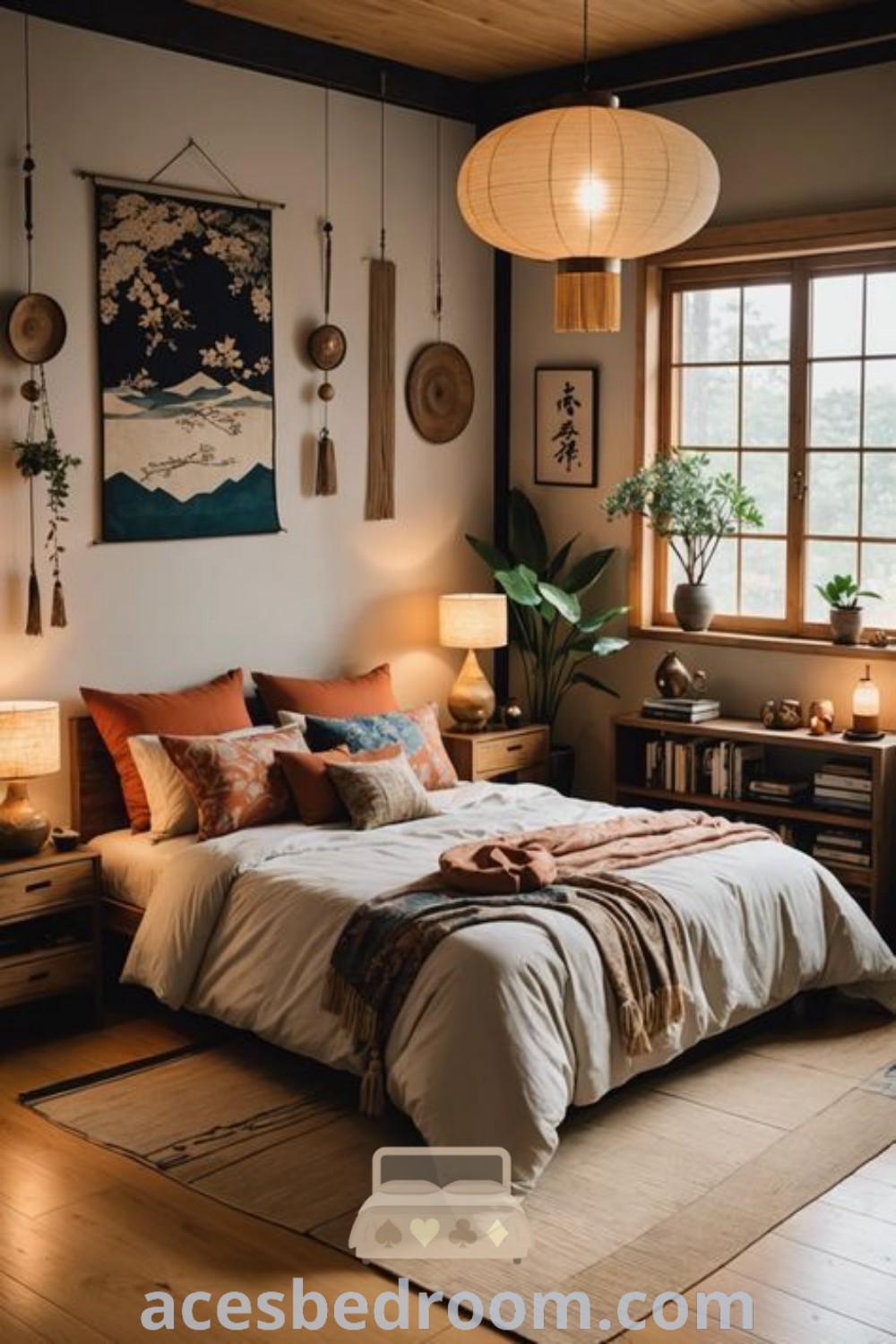 A cozy Japanese style bedroom featuring a bed next to two lamps and a window, showcasing elegant boho bedroom decor. This inspiring space blends design ideas like Moroccan decor for a warm and sophisticated aesthetic, offering unique inspirations for a small bedroom at acesbedroom.com.
