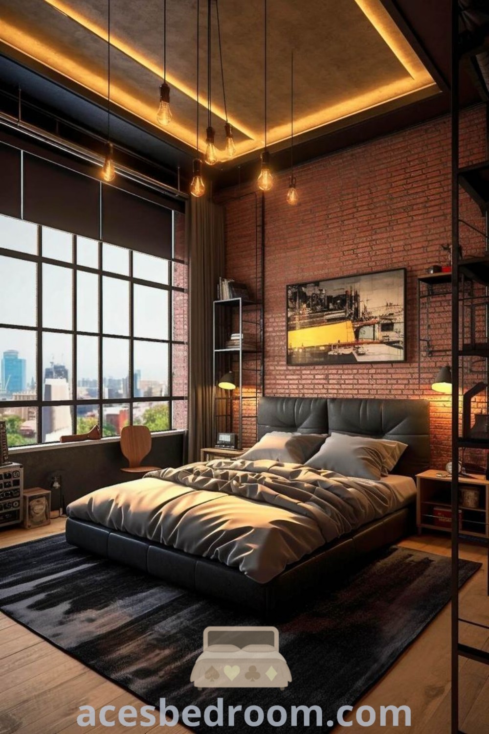 A cozy industrial bedroom with a large bed beside a tall brick wall, reflecting bedroom industrial chic and loft style design. This inviting space showcases unique ideas and inspirations for creating a warm and stylish haven. Explore more decor ideas at acesbedroom.com.
