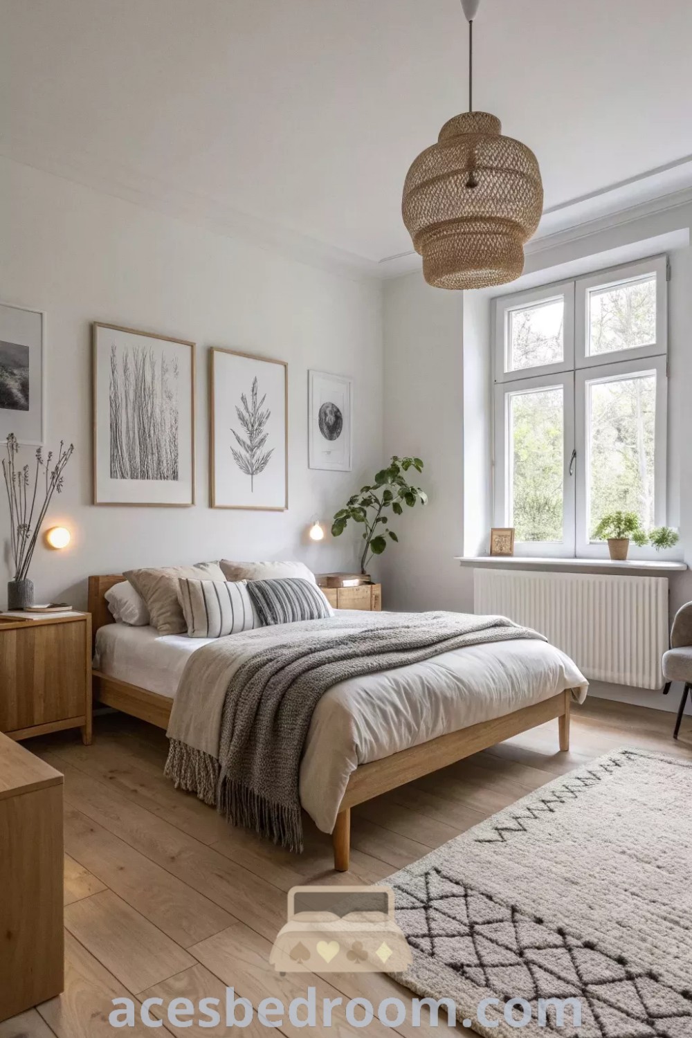 A bright Scandinavian bedroom with white walls, wooden floors, and a large bed, offering cozy design ideas that enhance tranquility. This light-filled space highlights minimalist decor inspirations and stylish white furniture color schemes for a warm and sophisticated look. Discover more ideas for your home at acesbedroom.com.