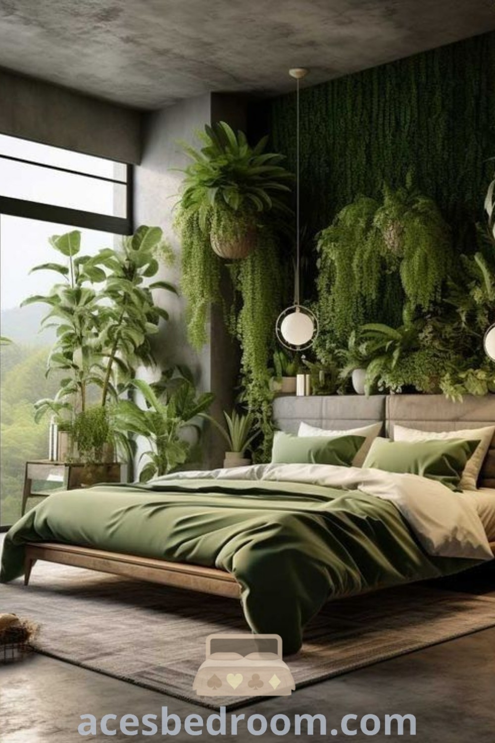 A cozy bedroom filled with vibrant green plants against the walls and a stylish bed, embodying biophilic design principles. This moss green bedroom inspires a calming atmosphere with botanical decor ideas, perfect for creating a tranquil retreat. Discover more unique ideas for your home at acesbedroom.com.