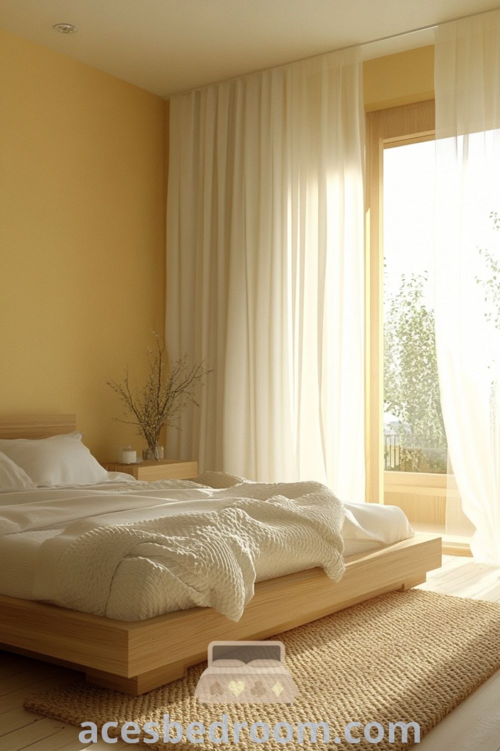 Cozy Scandinavian bedroom featuring pale yellow walls, light oak furniture, linen bedding, knit throw, wooden side tables, sheer white curtains, and a woven jute rug, designed for a warm and sophisticated look, showcased on acesbedroom.com.