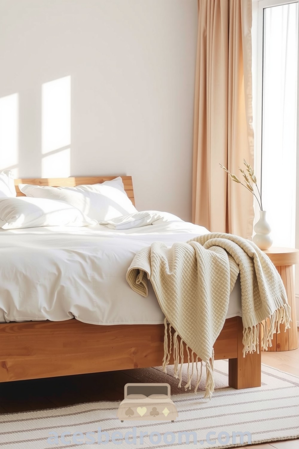 Cozy Japandi bedroom featuring a smooth wooden bed frame, fluffy white duvet, handwoven throws, and a minimalist nightstand with a ceramic vase, offering design ideas for a serene and sophisticated look, showcased on acesbedroom.com.