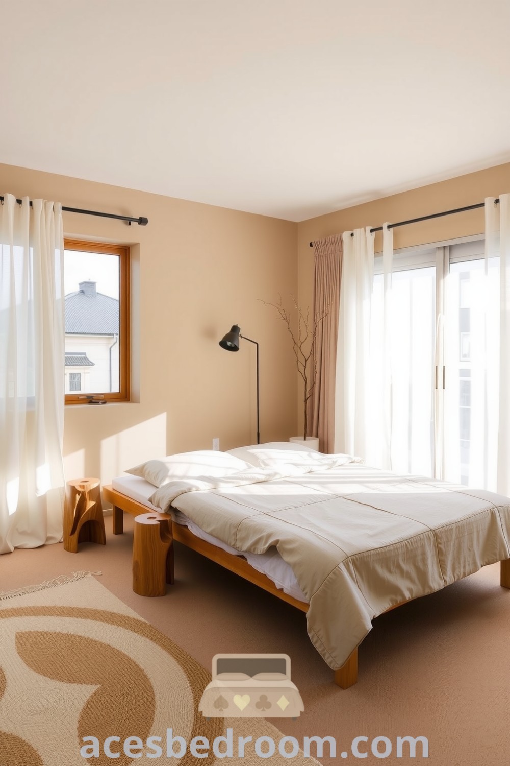 Cozy Japandi bedroom showcasing warm beige walls, a low wooden bed with natural-toned linens, hand-carved nightstands, and a handwoven rug, enhanced by large windows with light fabrics, perfect for a warm and sophisticated look, featured on acesbedroom.com.