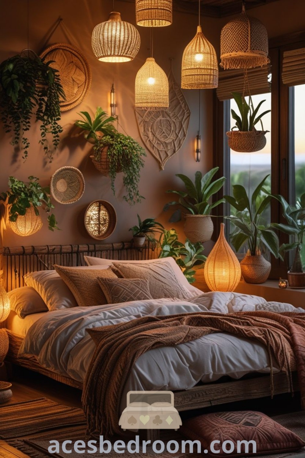 A light and airy boho bedroom filled with hanging plants and lights, showcasing earthy beauty and nature-inspired decor. This cozy haven offers inspiring bohemian Moroccan bedroom ideas, perfect for creating a tranquil space. Find more decor ideas at acesbedroom.com.