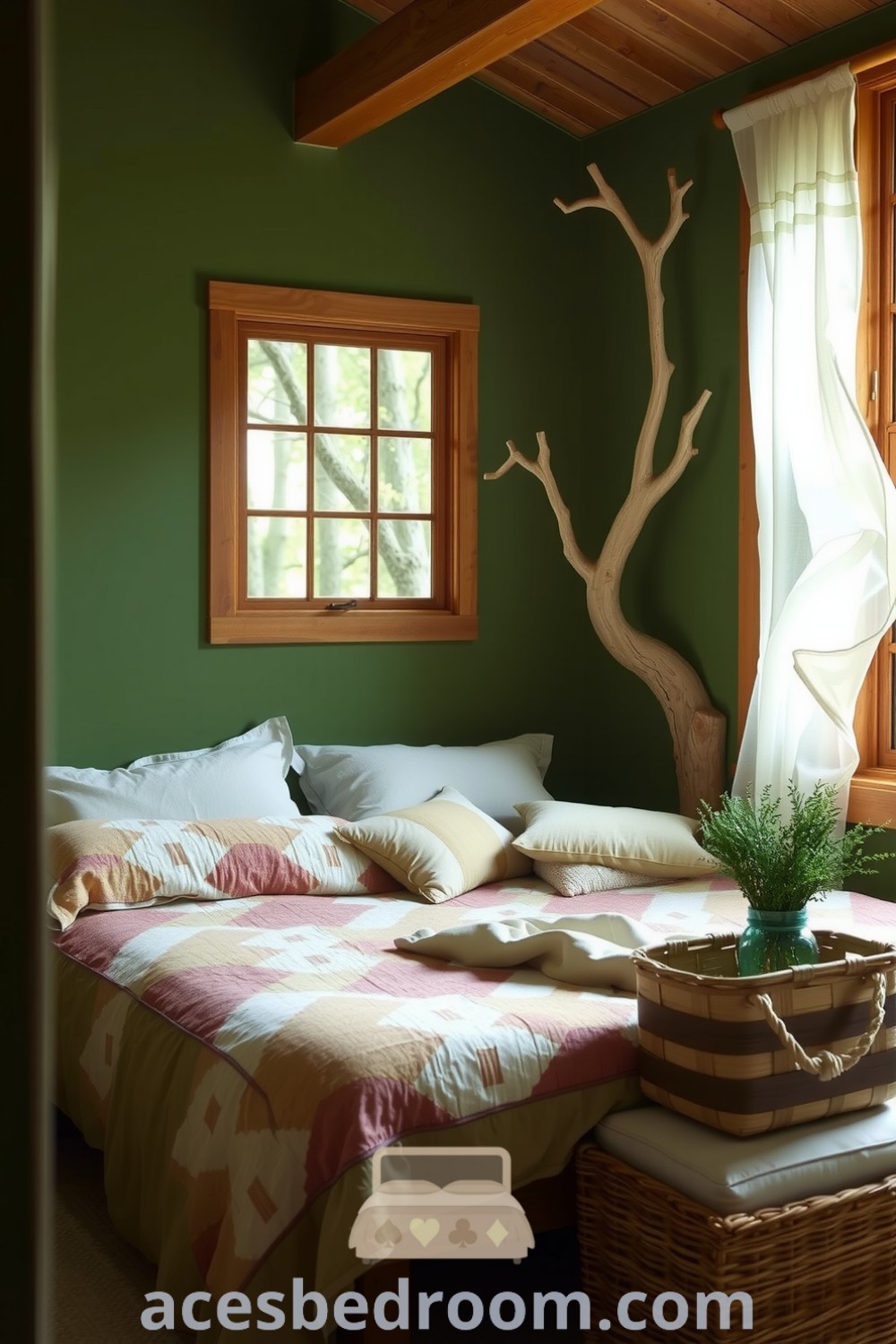 Cozy nature-inspired bedroom with soft green walls, oak bed frame, organic cotton quilts, rustic wooden accents, and fresh herbs in woven baskets for a tranquil atmosphere, featured on acesbedroom.com.