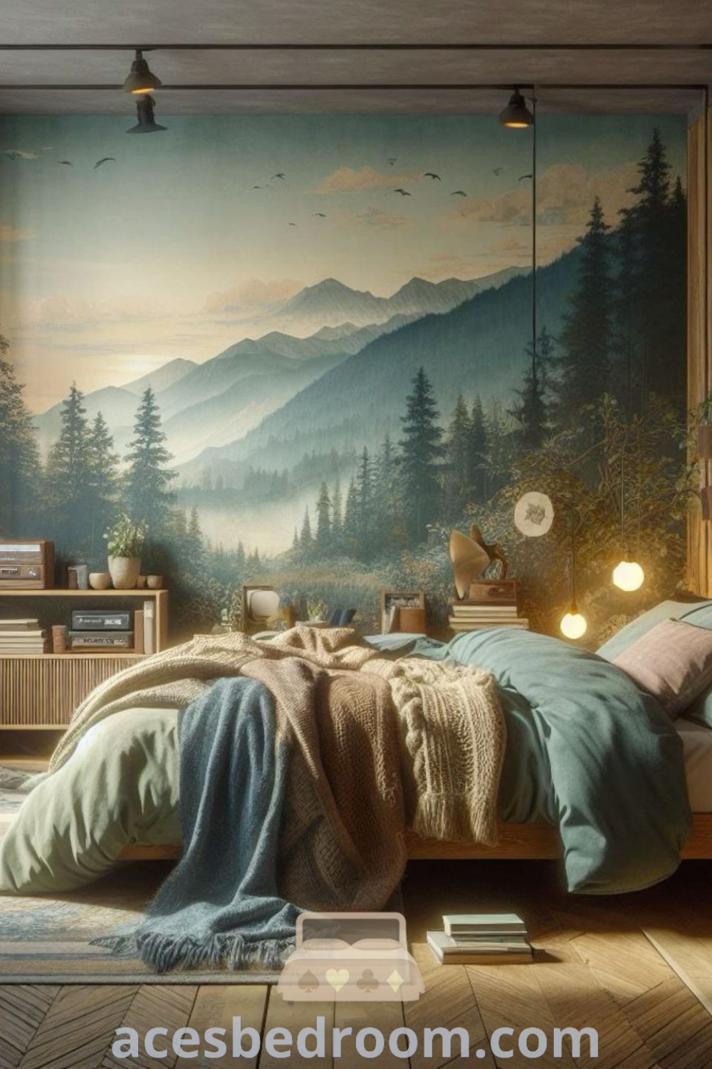 A cozy forest cabin bedroom featuring a mountain scene mural on the wall, a bed, and a desk, offering stylish decor ideas for a warm and inspiring space. Transform your haven with unique designs and cozy inspirations. Discover more at acesbedroom.com.