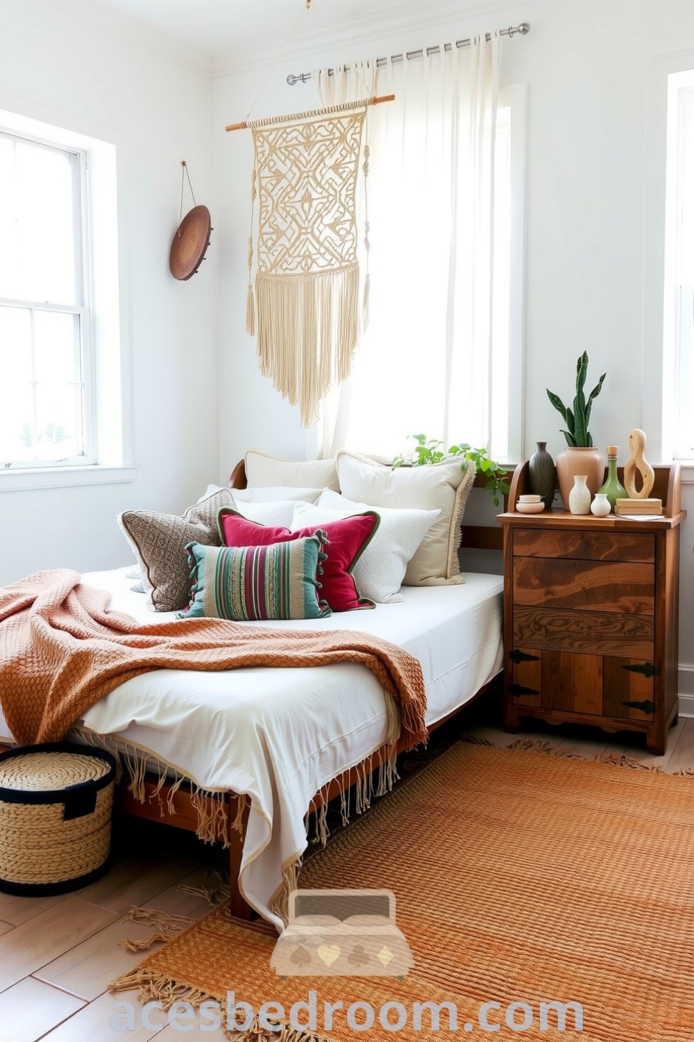 Cozy boho bedroom featuring white-washed walls, a low-profile bed adorned with textured cushions, a rustic wooden dresser with plants, and an inviting ambiance, perfect for a warm and sophisticated look, showcased on acesbedroom.com.
