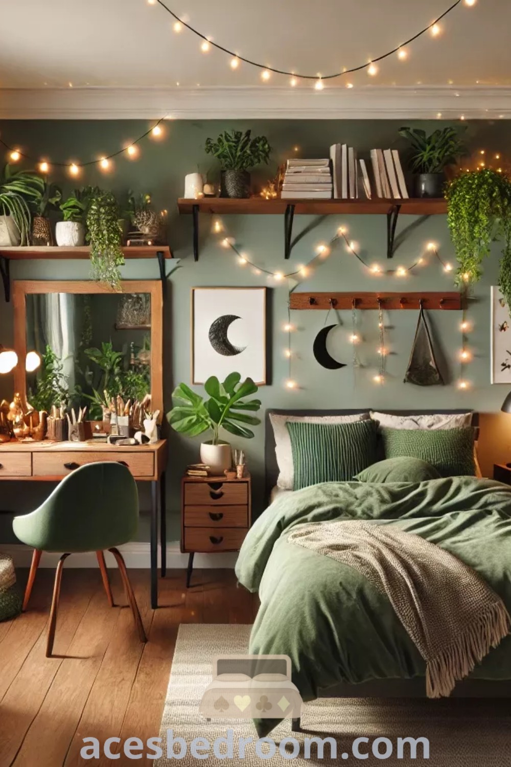 A cozy bedroom decorated with dark green moody vibes, plants, and soft lighting. This space includes stylish green bedding and boho decor ideas, perfect for a teenager bedroom design. Explore more inspirations for a tranquil atmosphere at acesbedroom.com.