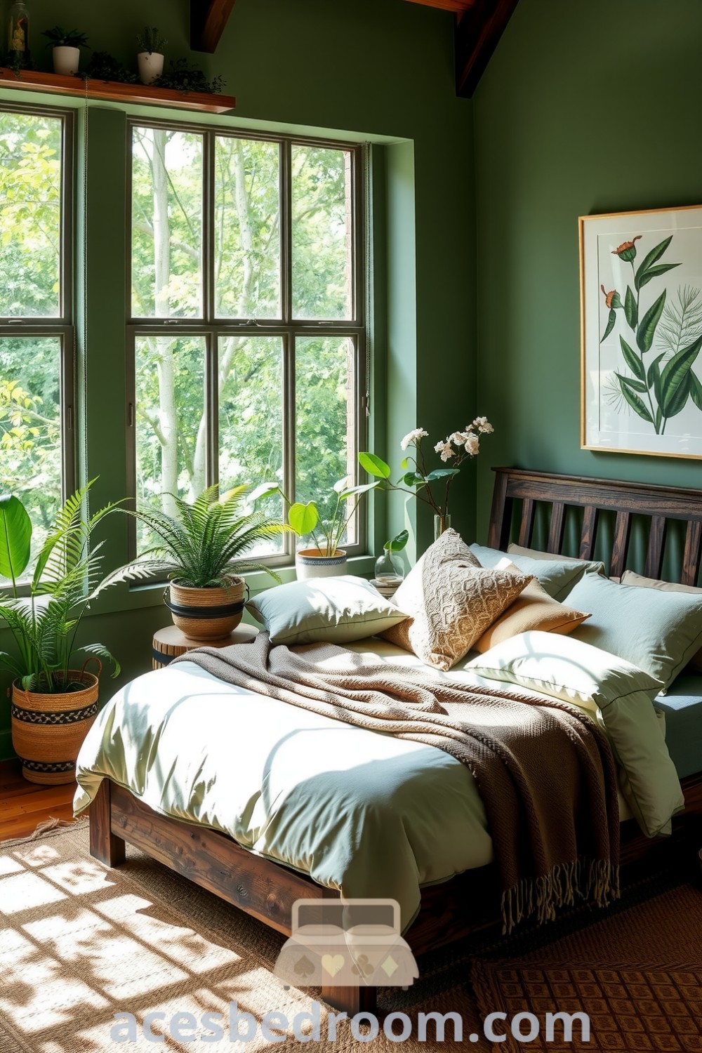 Cozy nature-inspired bedroom featuring soft green hues, botanical prints, a wooden bed frame with textured blankets, large windows casting sunlight, a jute rug, and potted ferns and flowering plants, presented on acesbedroom.com.