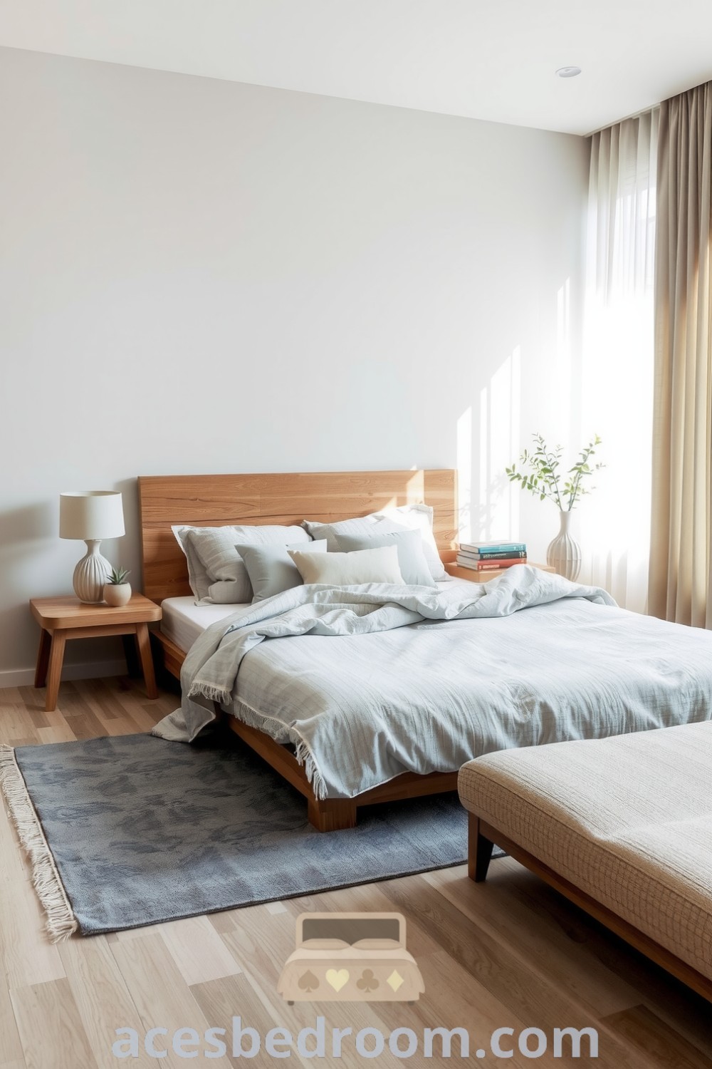 Cozy Japandi bedroom featuring a reclaimed wood platform bed with a linen duvet, minimalist light wood bedside tables with succulents, a ceramic lamp, and a muted grey area rug, enhanced by sheer curtains for soft sunlight, showcased on acesbedroom.com.