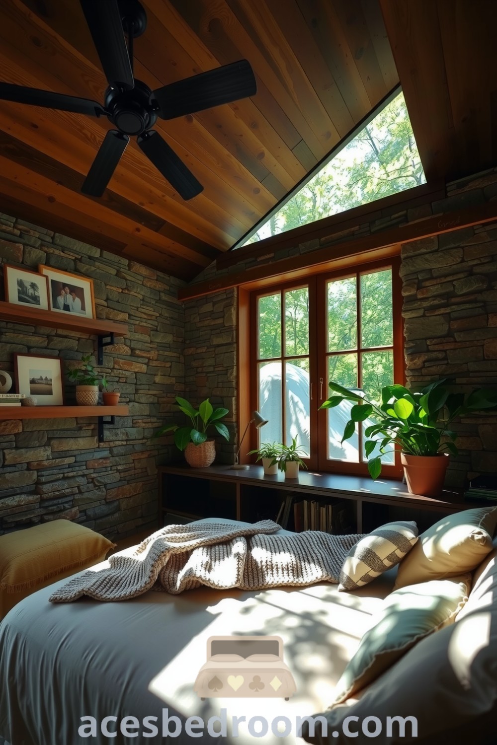 Cozy nature bedroom featuring earthy green hues, textured stone walls, wooden ceiling, soft beige linens, potted plants, and expansive windows creating a serene and inviting atmosphere, highlighted on acesbedroom.com.