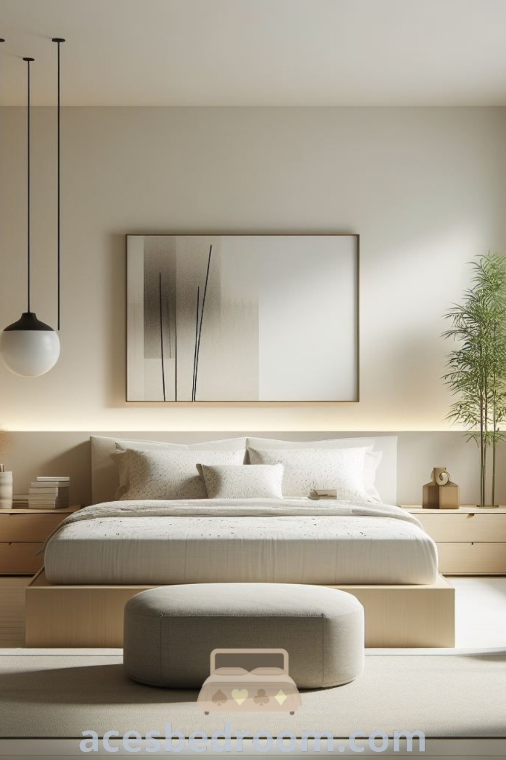 A minimalistic bedroom showcasing a large bed next to a tall window on a hardwood floor, complemented by simple nightstands. This modern bedroom design exudes luxury and comfort, offering inspiring ideas for a cozy aesthetic. Discover more decor inspirations at acesbedroom.com.