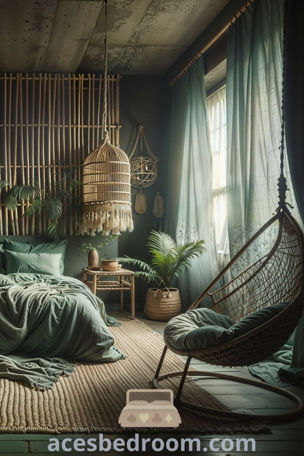 A relaxing forest bedroom featuring green bedding, wicker furniture, and a seagrass rug, designed for a cozy and inspiring home. This space embodies summer aesthetic vibes and includes elements for a healing studio ambiance. Discover these unique decor ideas at acesbedroom.com.