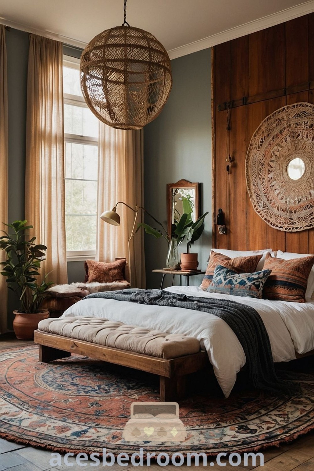 A cozy bedroom with a large bed, wooden paneled walls, and a round rug showcases earthy bright bedroom elements and industrial boho interior design. This warm and sophisticated look offers stylish decor ideas for inspiration, featuring cozy aesthetics and a welcoming ambiance. Explore more ideas at acesbedroom.com.