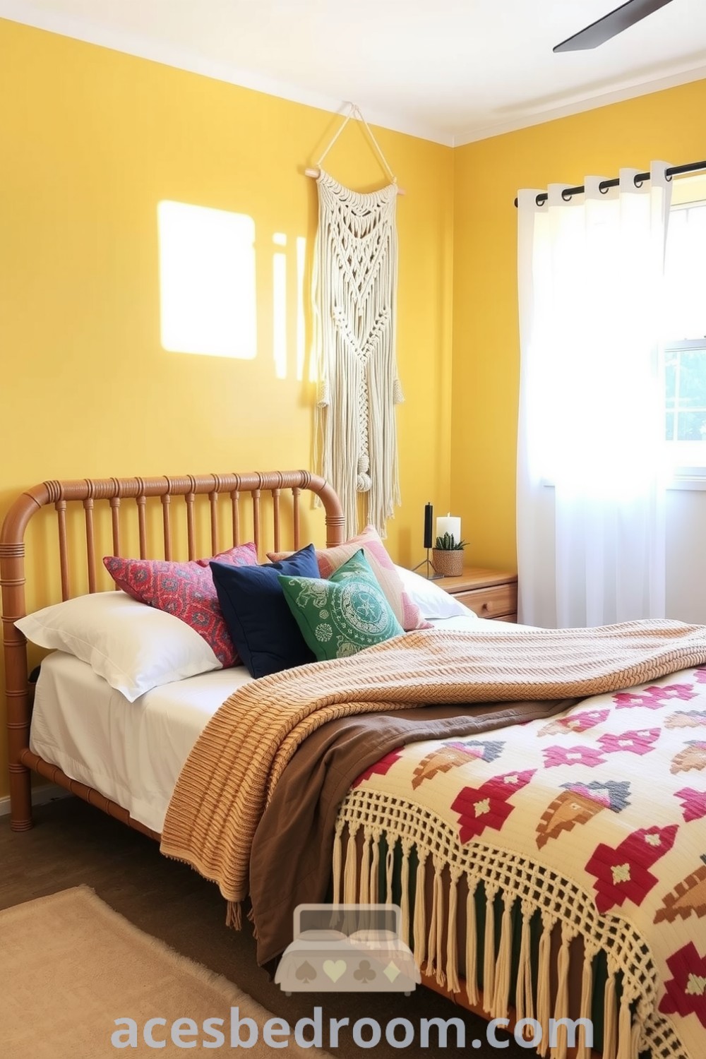 Bright boho bedroom with soft yellow walls, a woven rattan bed frame, colorful throw pillows, a macramé wall hanging, and a nightstand with a candle and succulent, showcasing cozy design ideas for a warm and sophisticated look, featured on acesbedroom.com.
