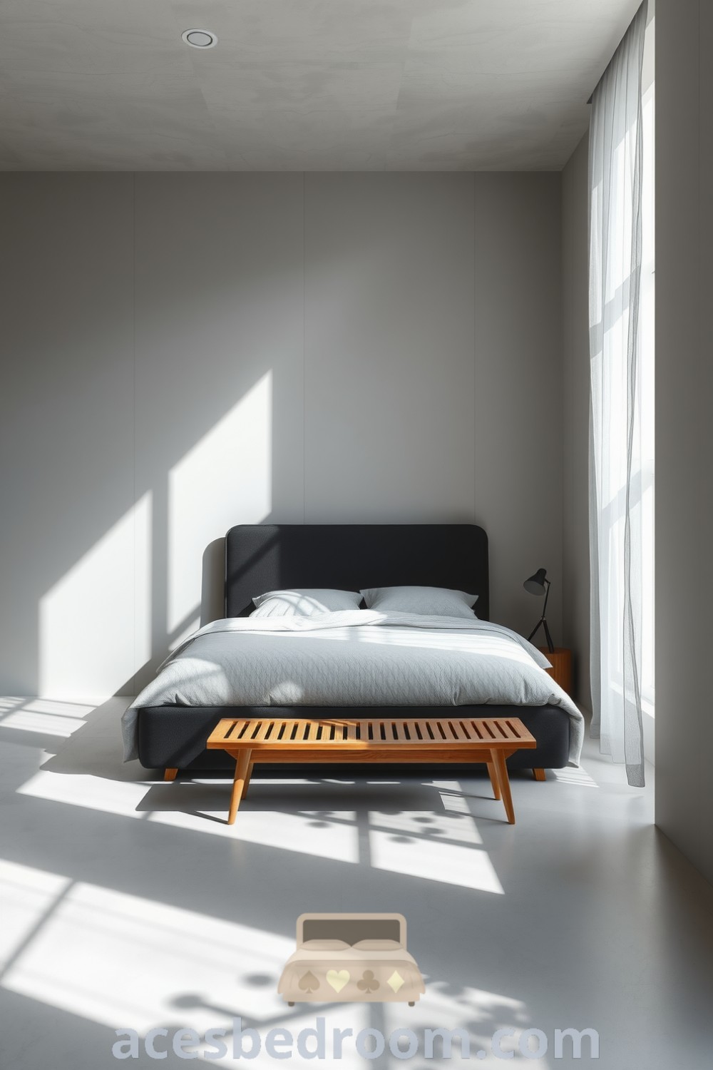 Cozy minimalist grey bedroom featuring smooth concrete walls, a low-profile bed with textured linens, a wooden bench, and sheer curtains allowing natural light, creating a serene atmosphere, showcased on acesbedroom.com.