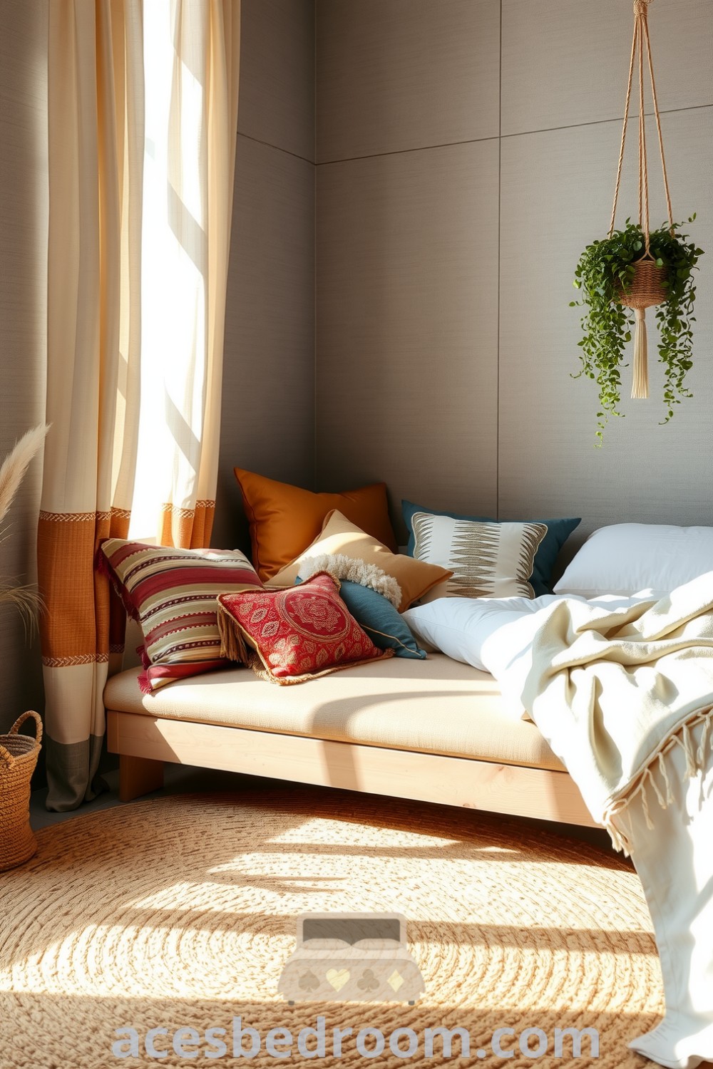 Cozy boho bedroom featuring soft grey walls, a weathered wooden bed with earthy throw pillows, cascading greenery in a macramé plant hanger, and a woven jute rug, creating a serene and inviting ambiance, showcased on acesbedroom.com.