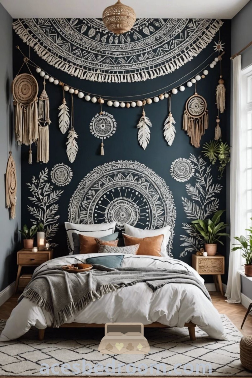 A vibrant bohemian bedroom decorated in dark blue and white, featuring an intricate wall hanging above the bed. This cozy home design showcases colorful bohemian decor ideas, perfect for a teenage girl, with inspiring elements that enhance the space
