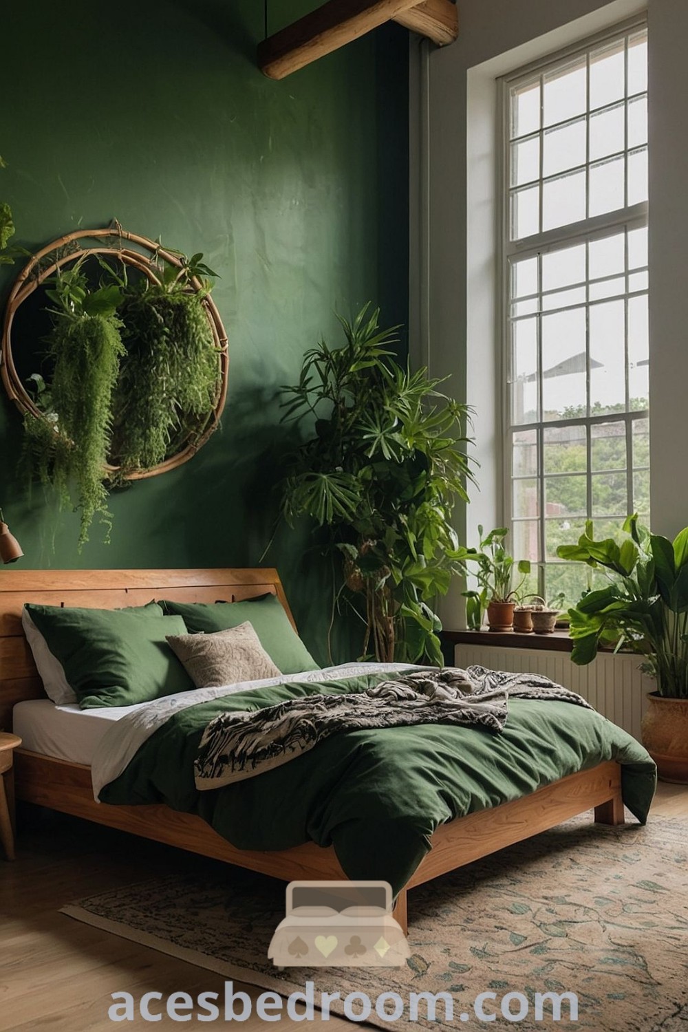 A tranquil bedroom featuring dark teal walls, lush plants, and a large bed, showcasing trendy bedroom ideas and decor inspirations. This cozy setup offers unique design ideas for small rooms, perfect for creating a refreshing and inspiring home oasis. Discover more at acesbedroom.com.