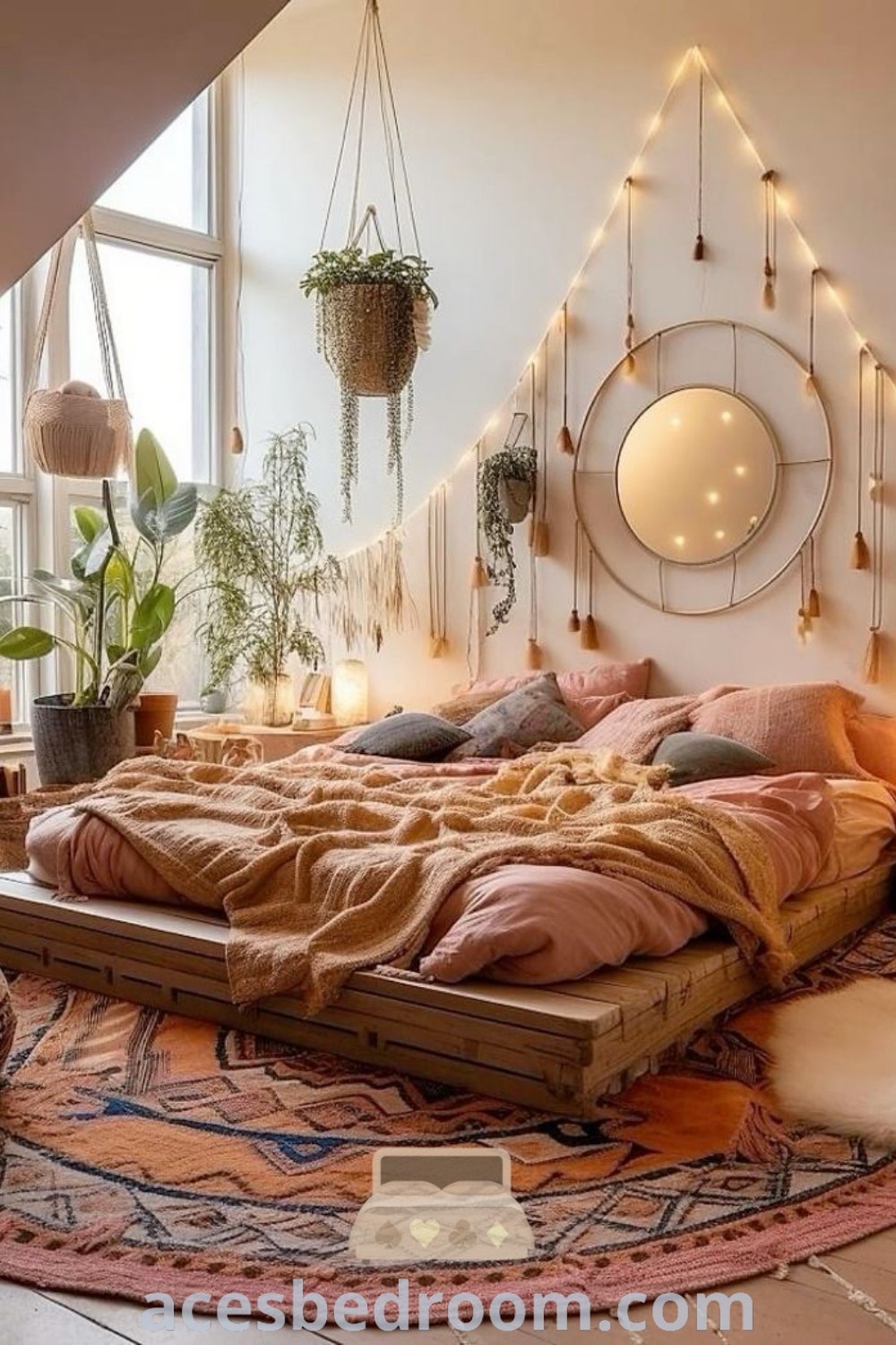 A cozy bedroom with a wooden bed surrounded by plants and lights above, featuring earthy decor styles that inspire calmness and tranquility, showcasing stylish ideas for kids