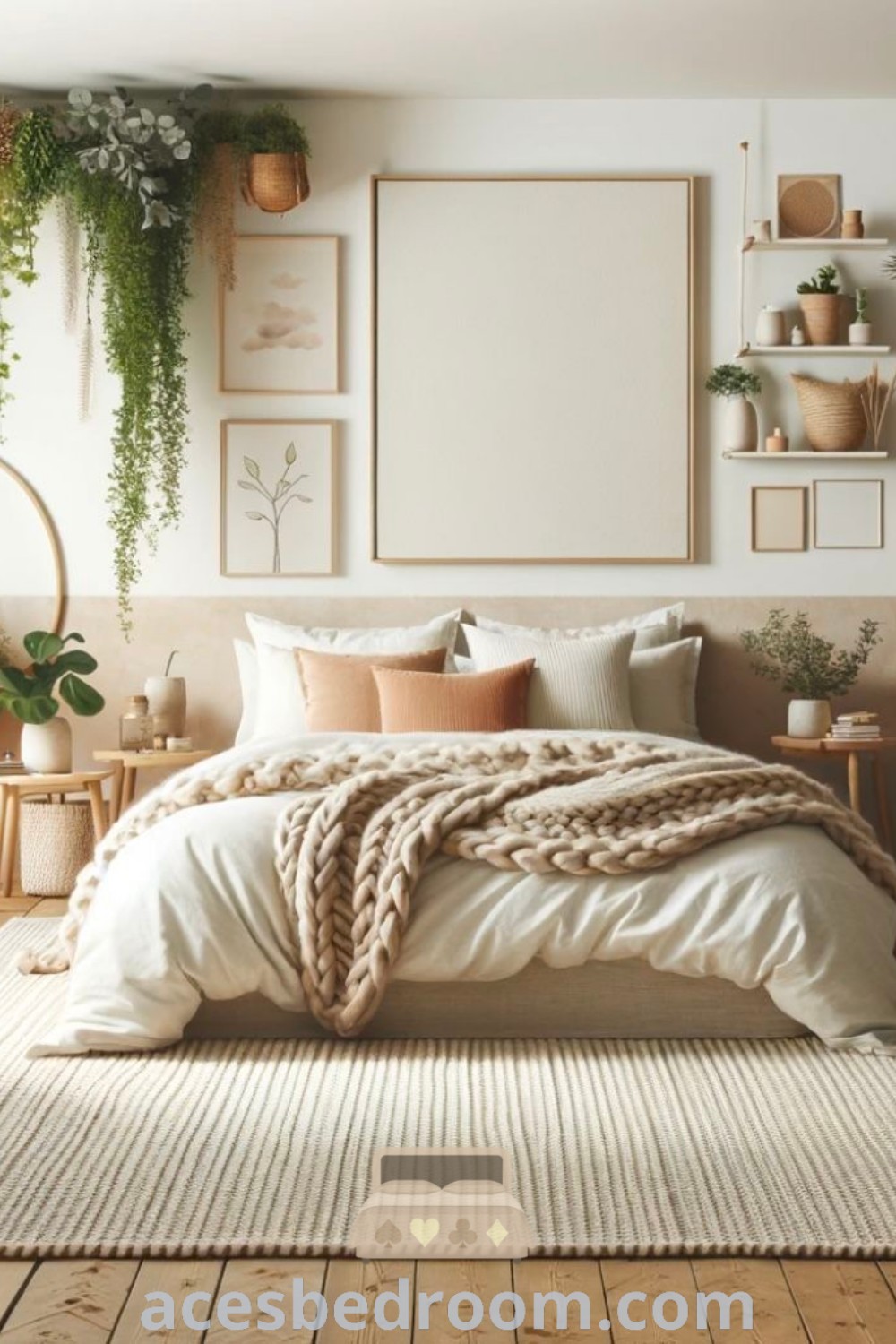 A cozy boho bedroom featuring a bed next to a wall filled with potted plants and hanging planters, showcasing inspiring decor ideas for a stylish and inviting space. Discover unique boho chic bedroom inspirations for a warm and sophisticated look at acesbedroom.com.