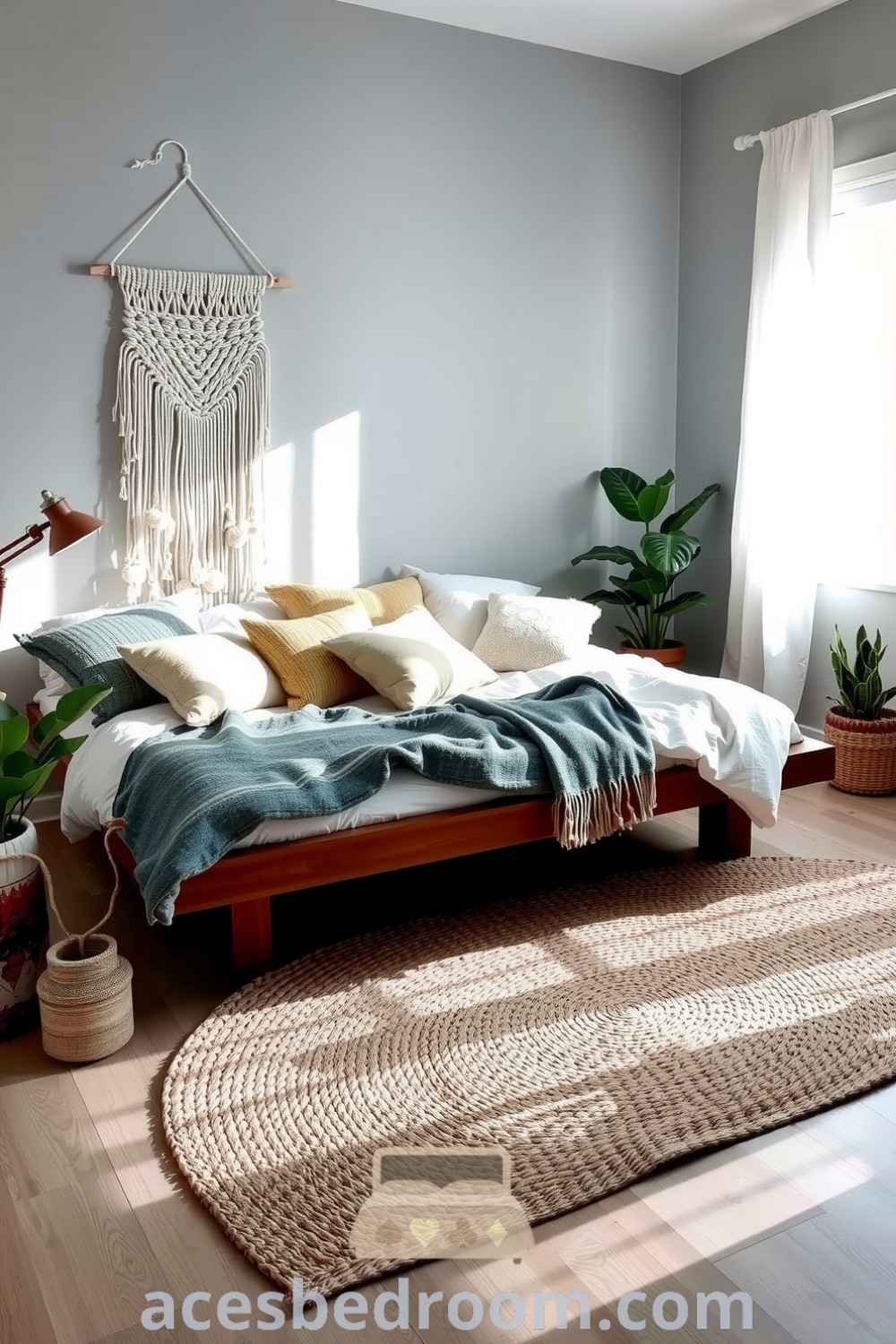 Cozy Boho bedroom featuring grey tones, textured fabrics, a macramé wall hanging, and potted plants, designed for a warm and sophisticated look, showcased on acesbedroom.com.
