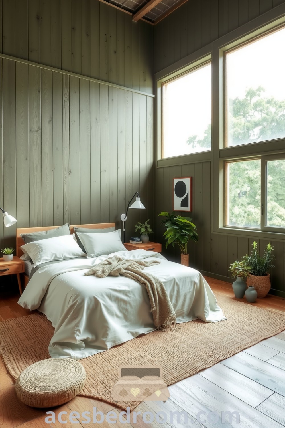 Cozy nature-inspired bedroom featuring soft green hues, wooden paneling, organic cotton bedding, a handwoven jute rug, and potted plants, offering design ideas for a serene and inviting space, showcased on acesbedroom.com.