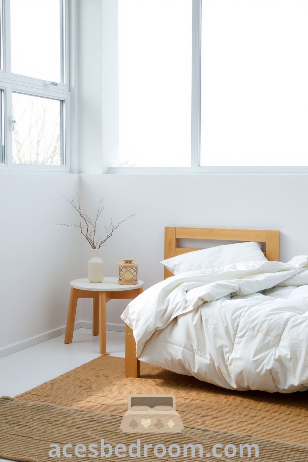 Cozy minimalist bedroom with white walls, natural light, a wooden bed with a white comforter, a light wood bedside table with a lantern, and a woven rug, creating a tranquil atmosphere, featured on acesbedroom.com.