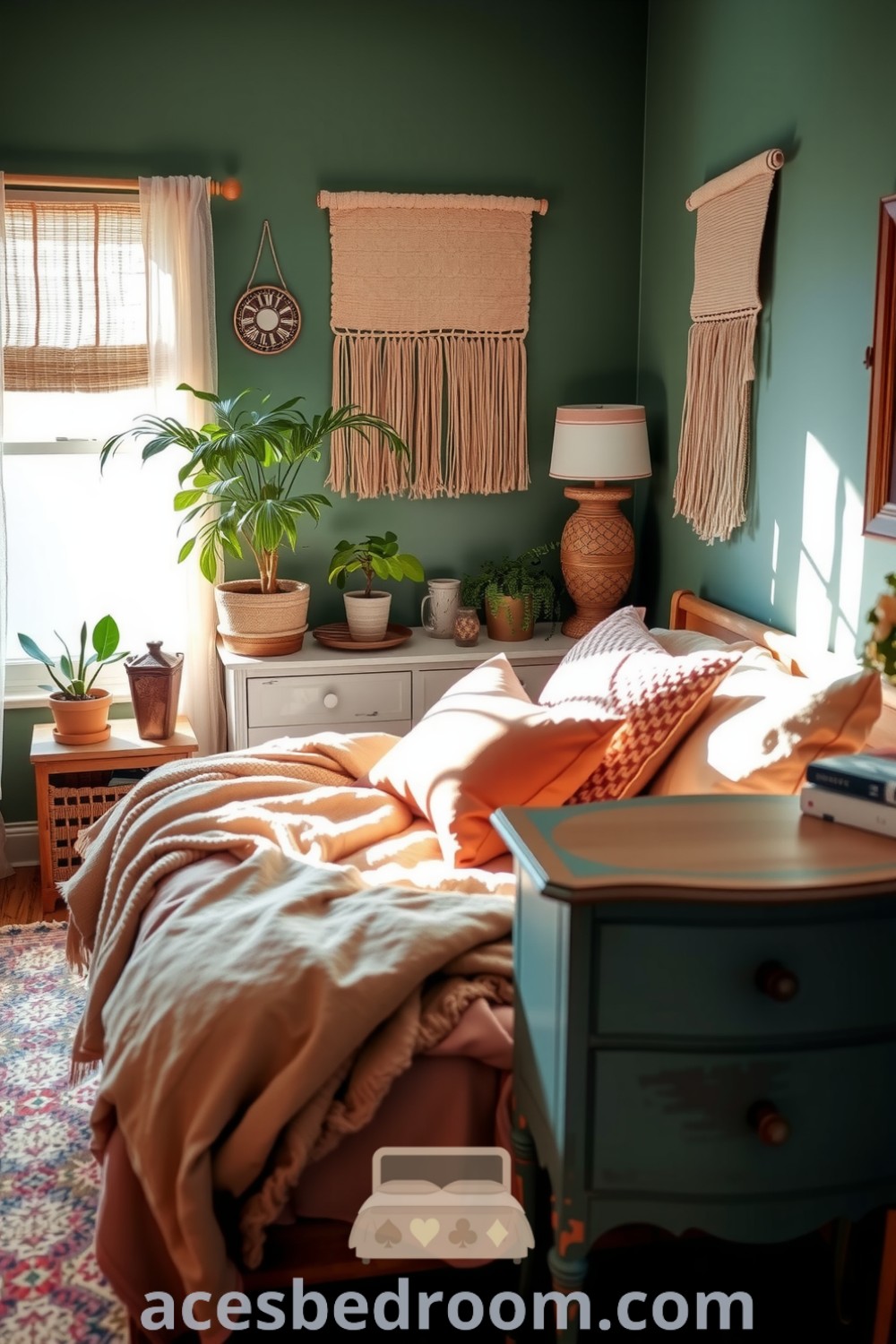 Cozy boho bedroom featuring calming green walls, an oversized bed with textured blankets, rattan accents, woven wall hangings, and a vintage dresser, designed to create a warm and inviting atmosphere, showcased on acesbedroom.com.