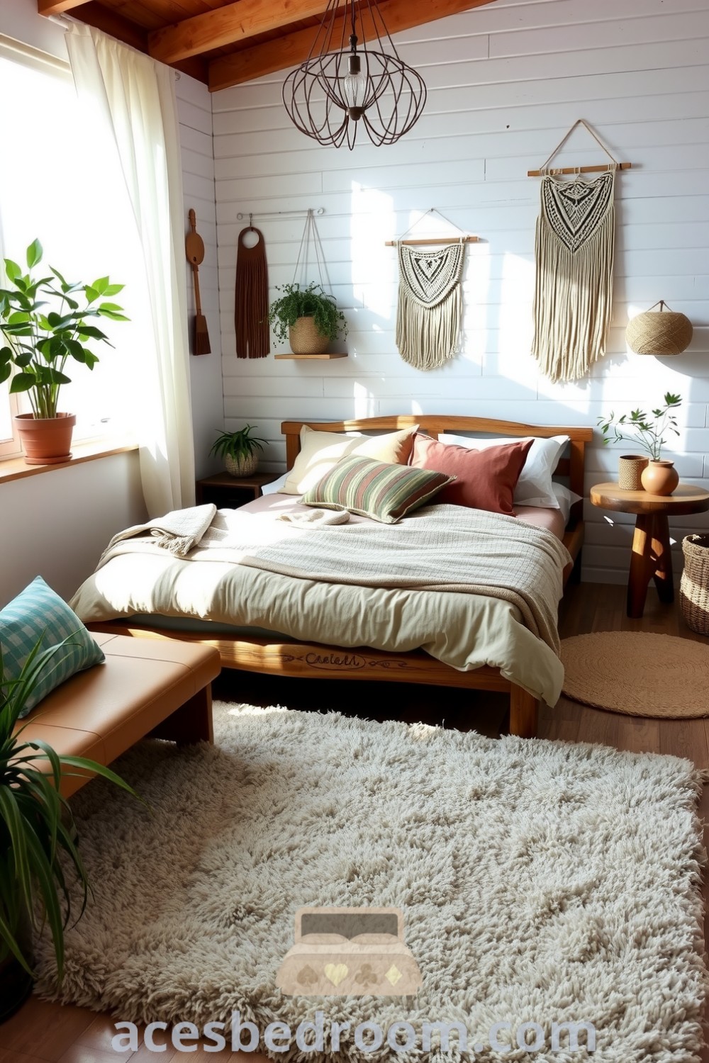 Cozy boho bedroom with white-washed walls, layered earth-toned linens, wooden furniture, macramé wall hangings, and potted plants, providing a relaxed atmosphere and inviting decor ideas showcased on acesbedroom.com.