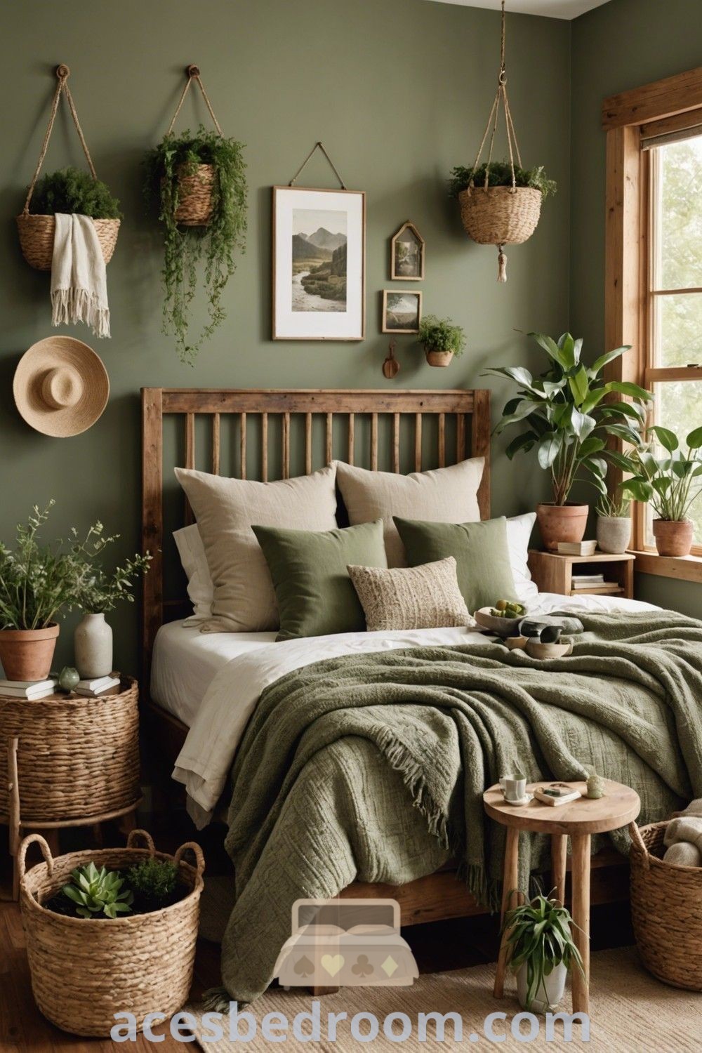 A bedroom with green walls and plants, showcasing an earthy and nature-inspired aesthetic. This cozy space reflects rustic design style, offering stylish decor ideas and inspirations for a warm and sophisticated look. Discover more unique ideas for your home at acesbedroom.com.