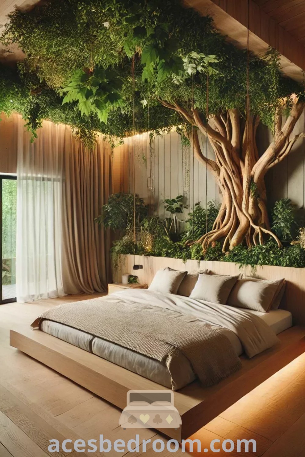 A cozy bedroom with a large bed under a tree next to wall-mounted planters, reflecting a Tree House theme. This nature-inspired interior design showcases biophilic elements, providing a serene atmosphere. Discover more stylish decor ideas at acesbedroom.com.