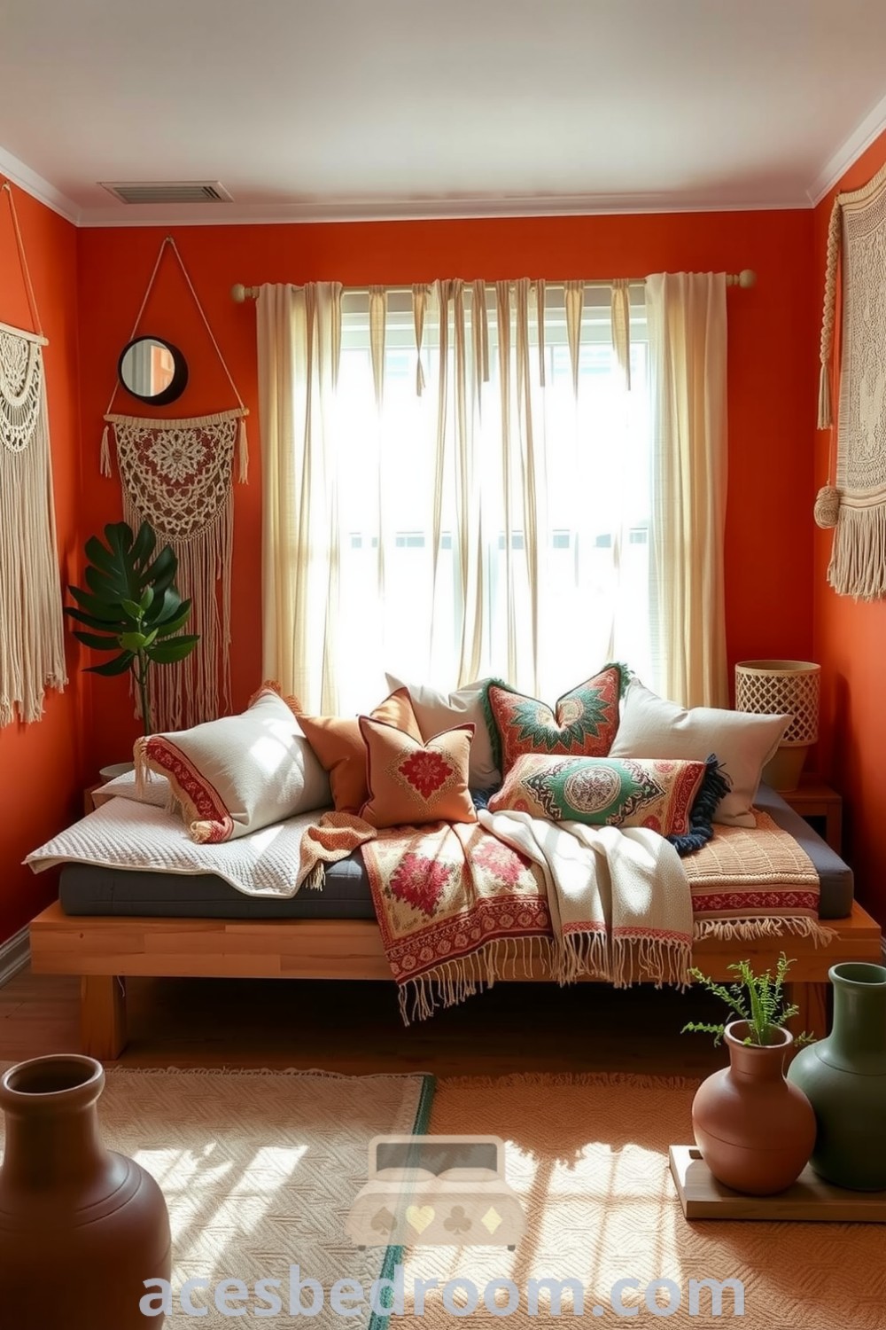 Cozy boho bedroom featuring warm orange walls, woven tapestries, a reclaimed wooden bed with colorful blankets and pillows, soft light from gauzy curtains, and natural elements like potted plants, showcased on acesbedroom.com.