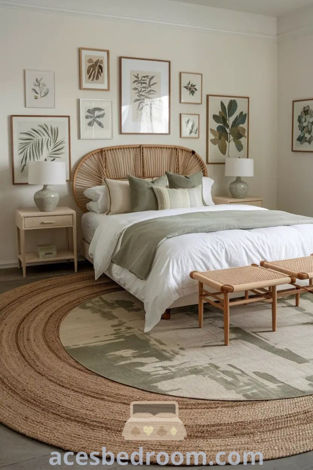 A stylish boho bedroom featuring a large iron bed on a cozy rug next to a table, embodying modern minimalist and beachy decor ideas. Explore unique inspirations for a warm and sophisticated look at acesbedroom.com.