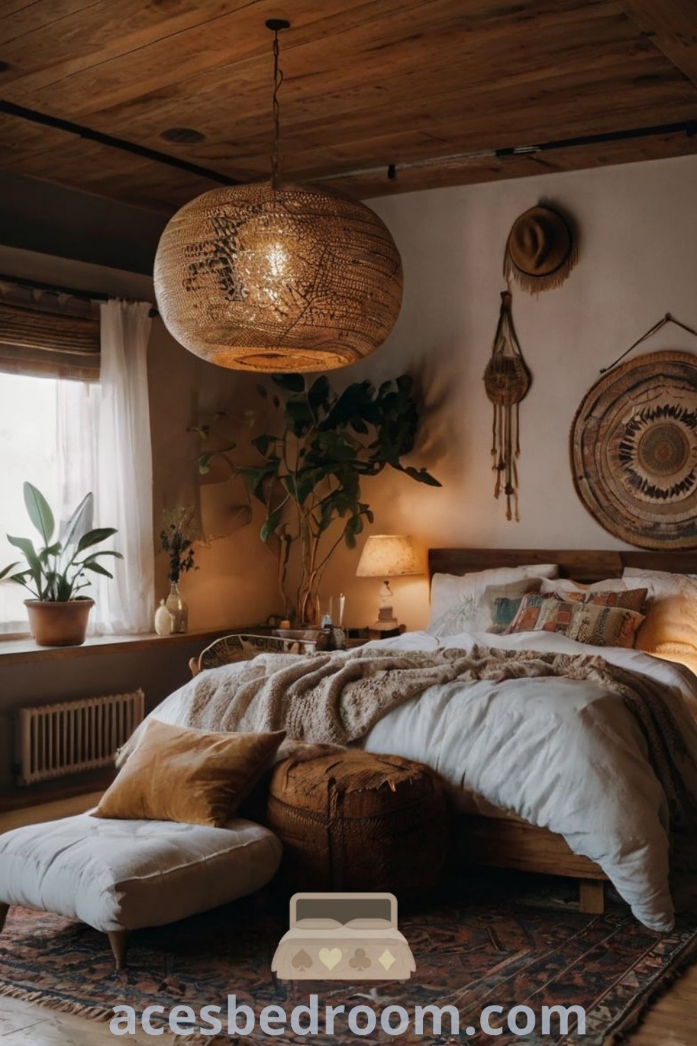 A cozy boho master bedroom featuring a large bed by the window with two hanging lamps above. This space embodies bohemian home ideas with warm tones and natural textures, providing inspirations for a cozy aesthetic. Discover stylish decor ideas at acesbedroom.com.