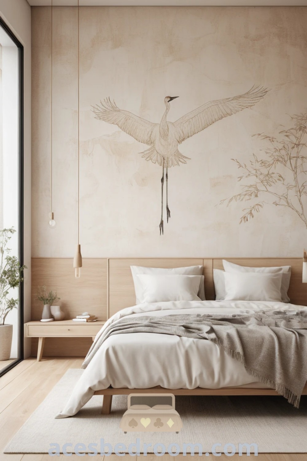 A minimalist bedroom featuring linen wallpaper, light wood flooring, and a simple line drawing of a crane, designed for tranquility and calm. The soothing beige color palette and diffused lighting create a cozy atmosphere, offering unique decor ideas for your home. Explore inspiring designs for a warm, sophisticated look at acesbedroom.com.
